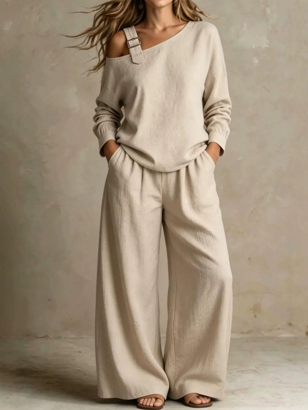 Women's Casual Loose Fashion One-Shoulder Linen Blend Two-Piece Set - SEEMS Lifestyle