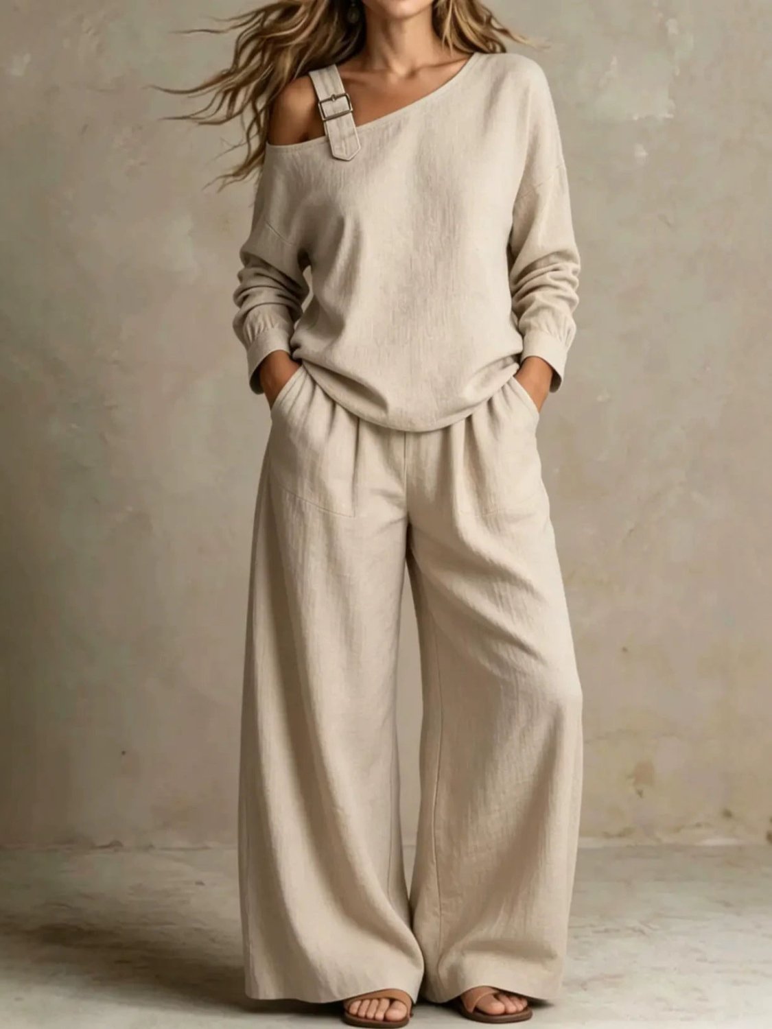 Women's Casual Loose Fashion One-Shoulder Linen Blend Two-Piece Set - SEEMS Lifestyle