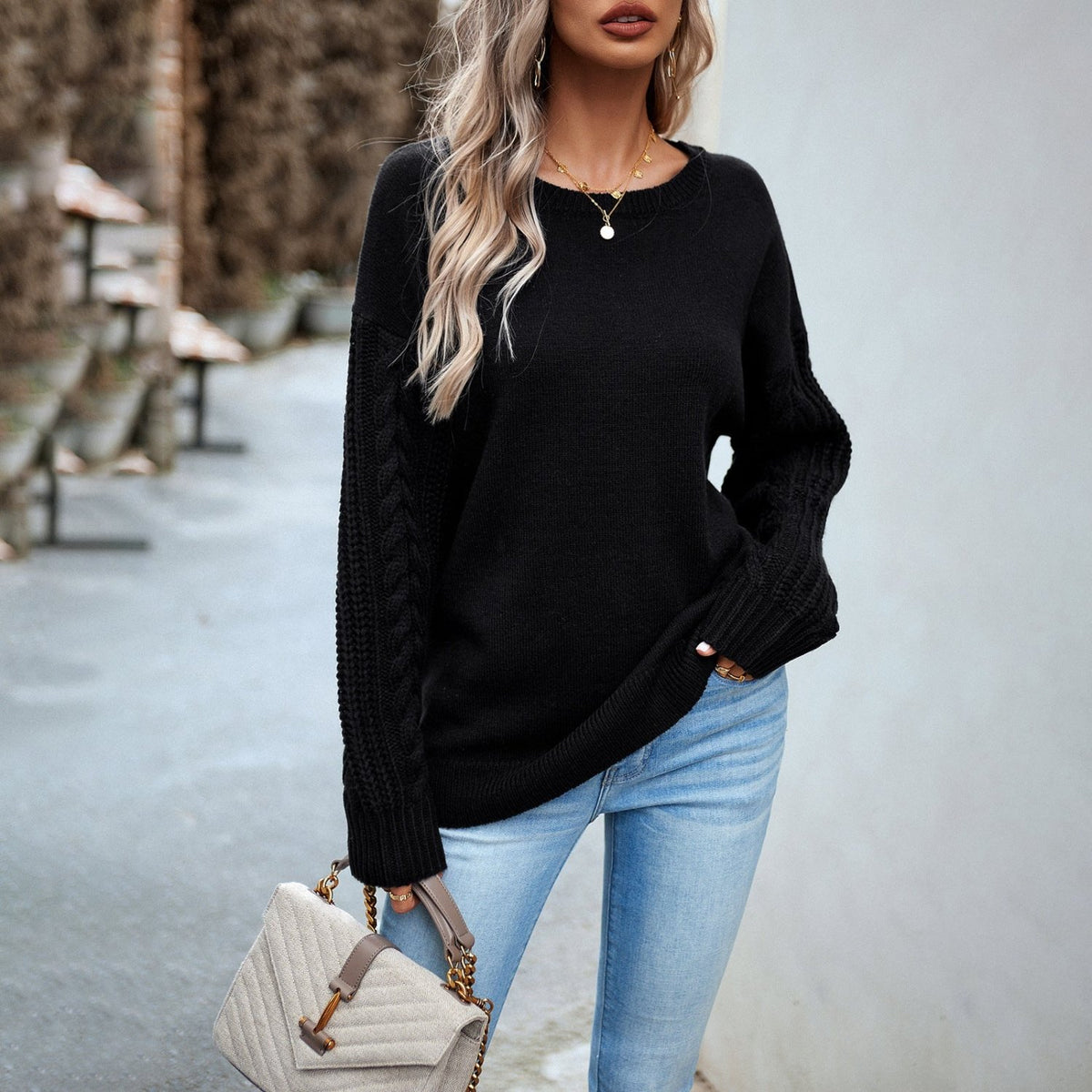 Women's Fashionable Simple Round Neck Sweater - SEEMS Lifestyle