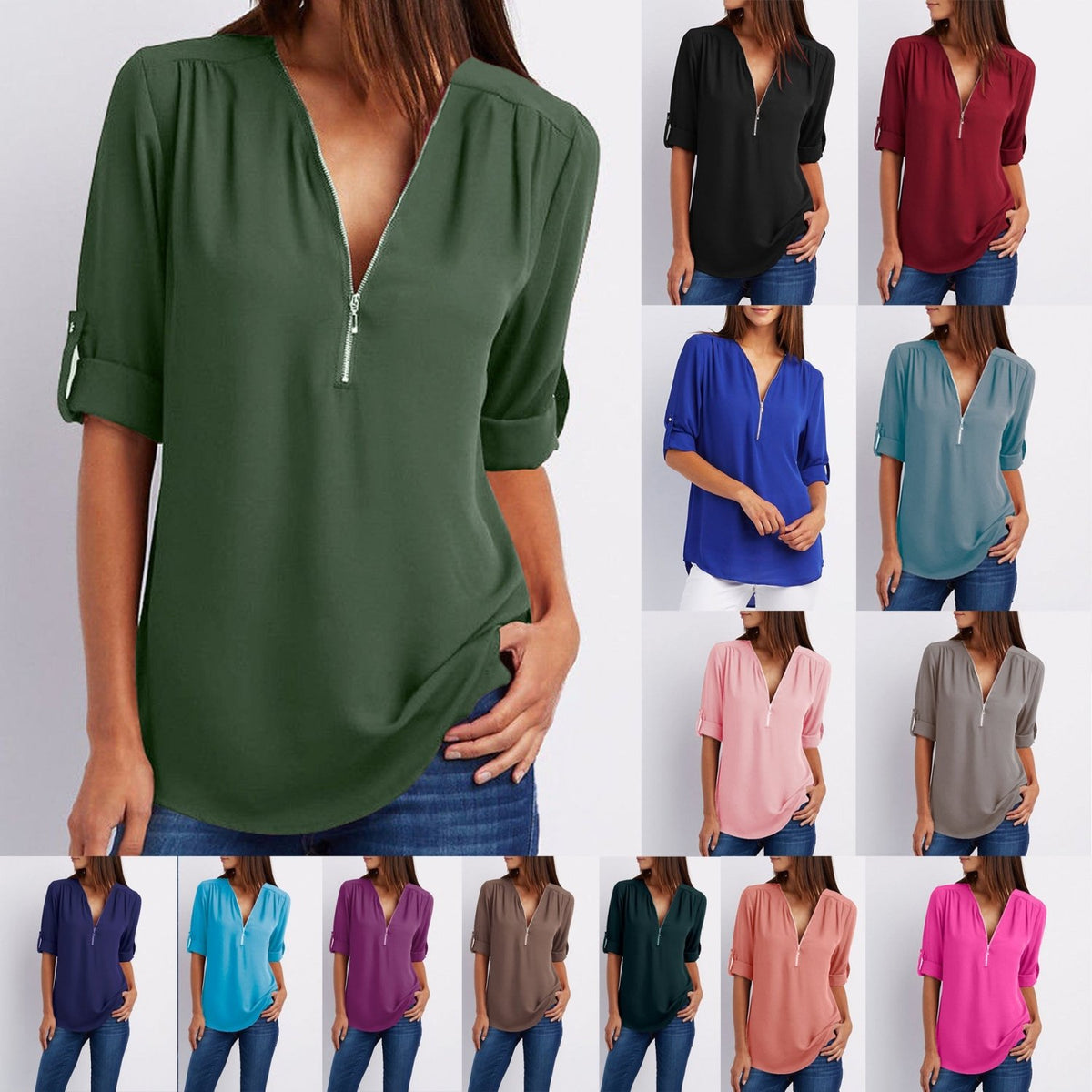 Zip V-neck Shirts Women Short Sleeve Loose Tops - SEEMS Lifestyle