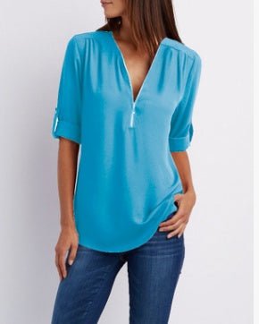 Zip V-neck Shirts Women Short Sleeve Loose Tops - SEEMS Lifestyle