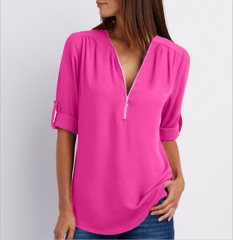 Zip V-neck Shirts Women Short Sleeve Loose Tops - SEEMS Lifestyle