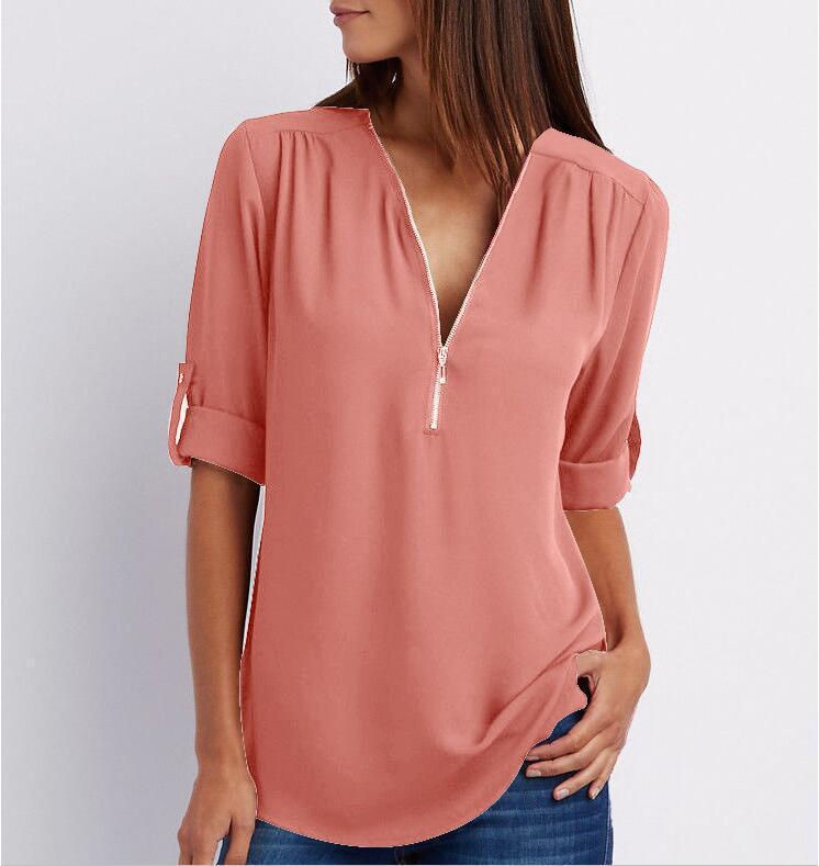 Zip V-neck Shirts Women Short Sleeve Loose Tops - SEEMS Lifestyle