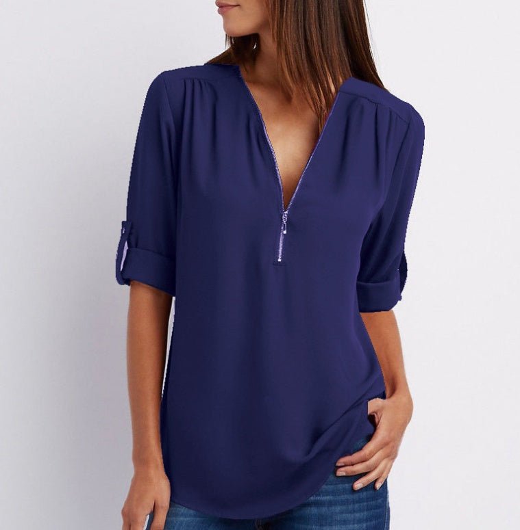 Zip V-neck Shirts Women Short Sleeve Loose Tops - SEEMS Lifestyle