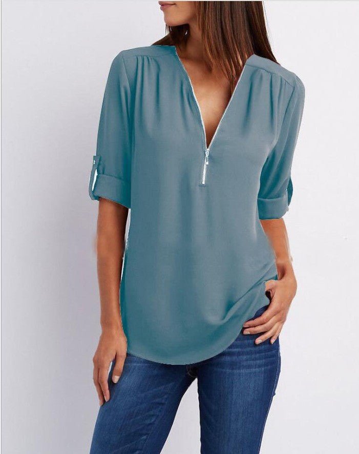 Zip V-neck Shirts Women Short Sleeve Loose Tops - SEEMS Lifestyle