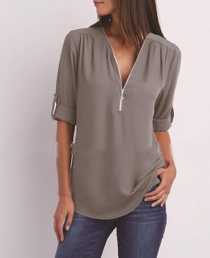 Zip V-neck Shirts Women Short Sleeve Loose Tops - SEEMS Lifestyle