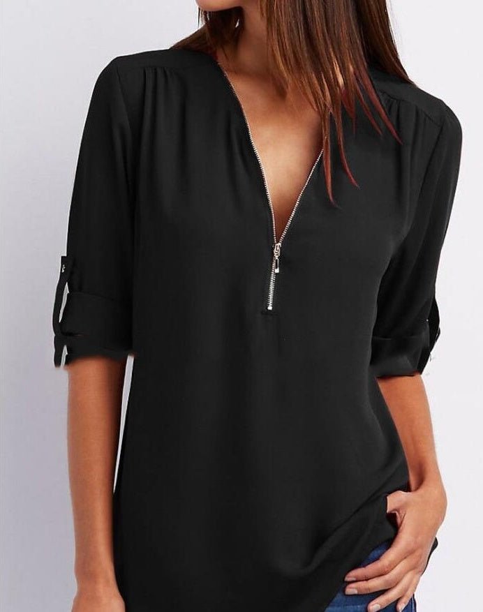 Zip V-neck Shirts Women Short Sleeve Loose Tops - SEEMS Lifestyle