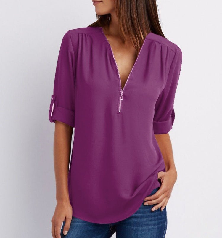 Zip V-neck Shirts Women Short Sleeve Loose Tops - SEEMS Lifestyle