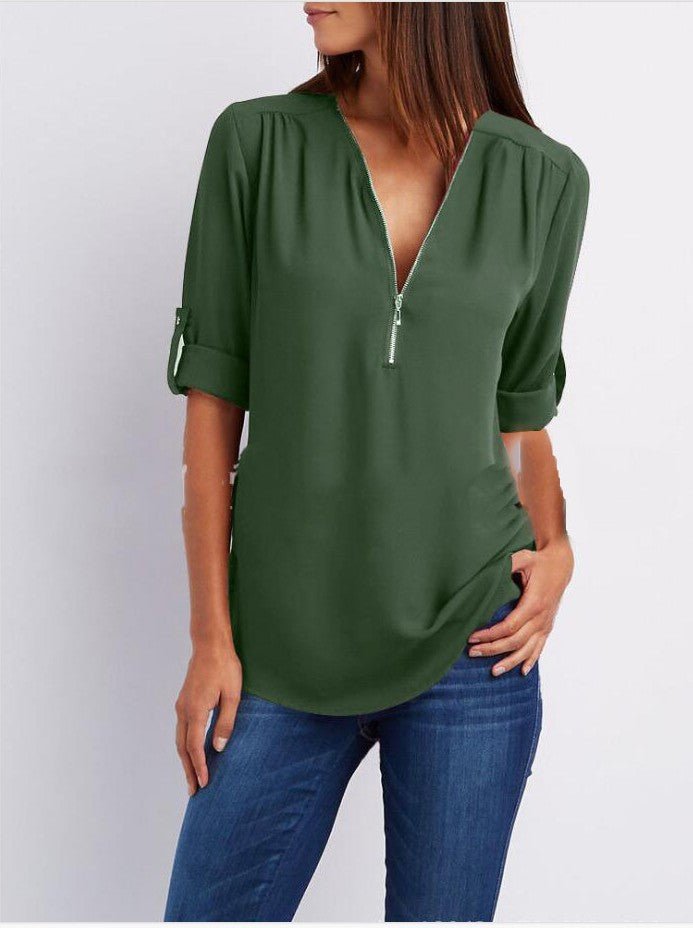 Zip V-neck Shirts Women Short Sleeve Loose Tops - SEEMS Lifestyle