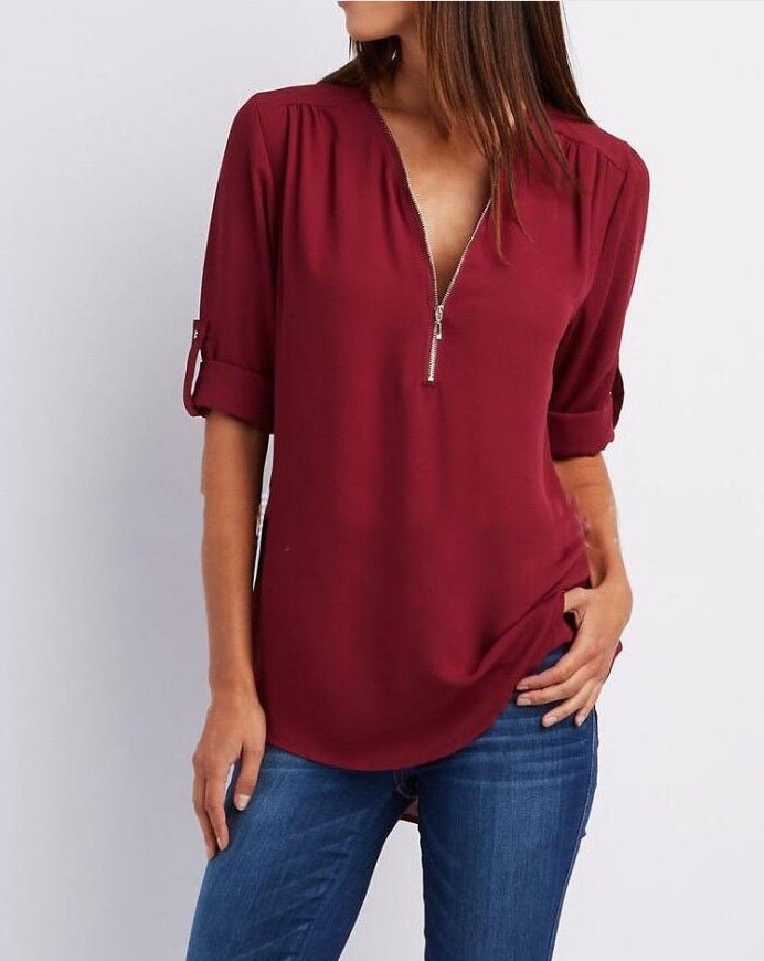 Zip V-neck Shirts Women Short Sleeve Loose Tops - SEEMS Lifestyle