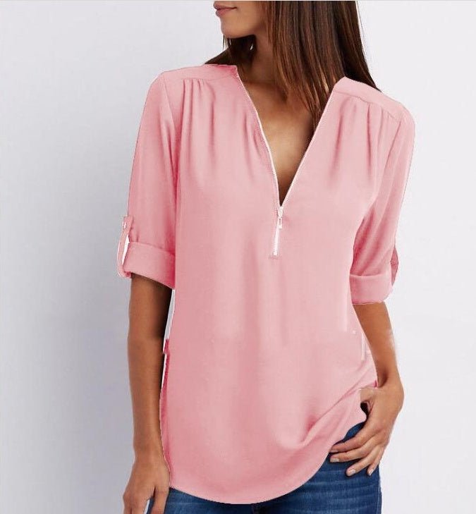 Zip V-neck Shirts Women Short Sleeve Loose Tops - SEEMS Lifestyle