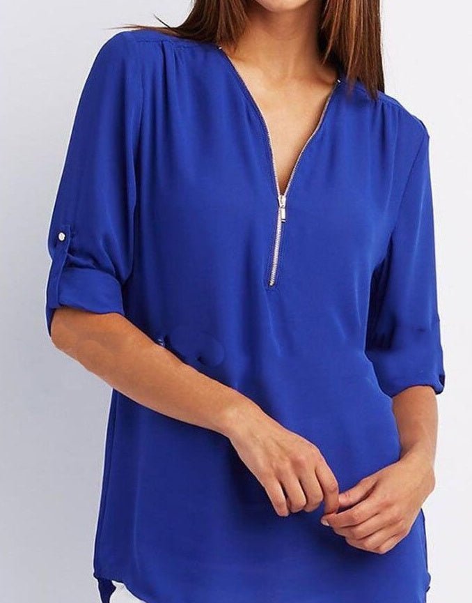 Zip V-neck Shirts Women Short Sleeve Loose Tops - SEEMS Lifestyle
